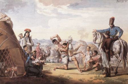 Калмыцкая борьба в Ставрополе. Художник Емельян Корнеев. Акварель, тушь, перо. 1803 год Калмыцкая борьба в Ставрополе. Художник Емельян Корнеев. Акварель, тушь, перо. 1803 год