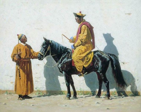 Калмыцкий лама. Художник Василий Верещагин. 1869 год. Из туркестанской серии, написанной художником во время обороны Самаркандской крепости от войск бухарского эмира. Лама (ударение на последнем слоге) - религиозный учитель в тибетском буддизме. Калмыцкий лама. Художник Василий Верещагин. 1869 год. Из туркестанской серии, написанной художником во время обороны Самаркандской крепости от войск бухарского эмира. Лама (ударение на последнем слоге) - религиозный учитель в тибетском буддизме.